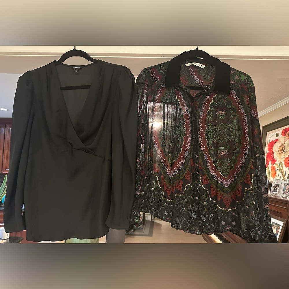 Zara Multicolor Patterned Blouse and Express Black Blouse Sz M